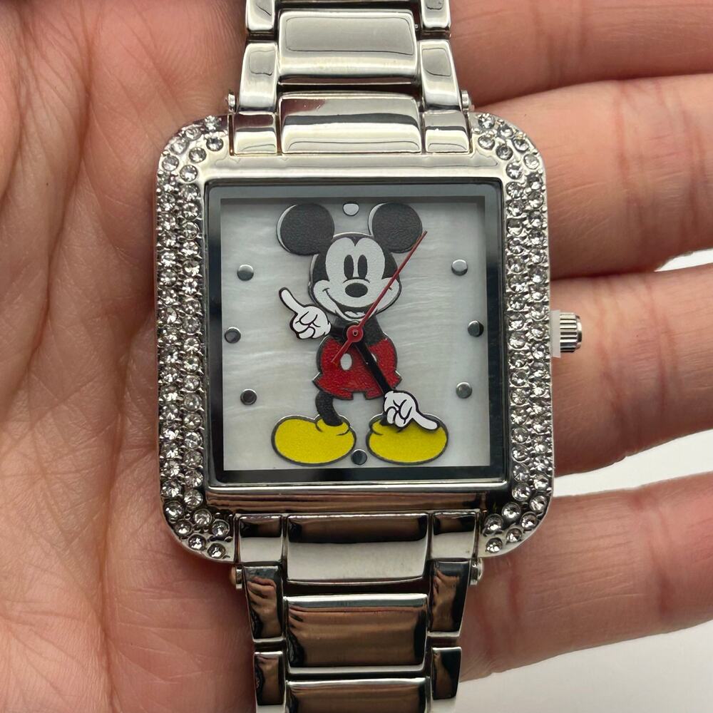 Disney Mickey Mouse Silver Tone Crystals Mother Pearl Dial Watch New Battery - Picture 7 of 8